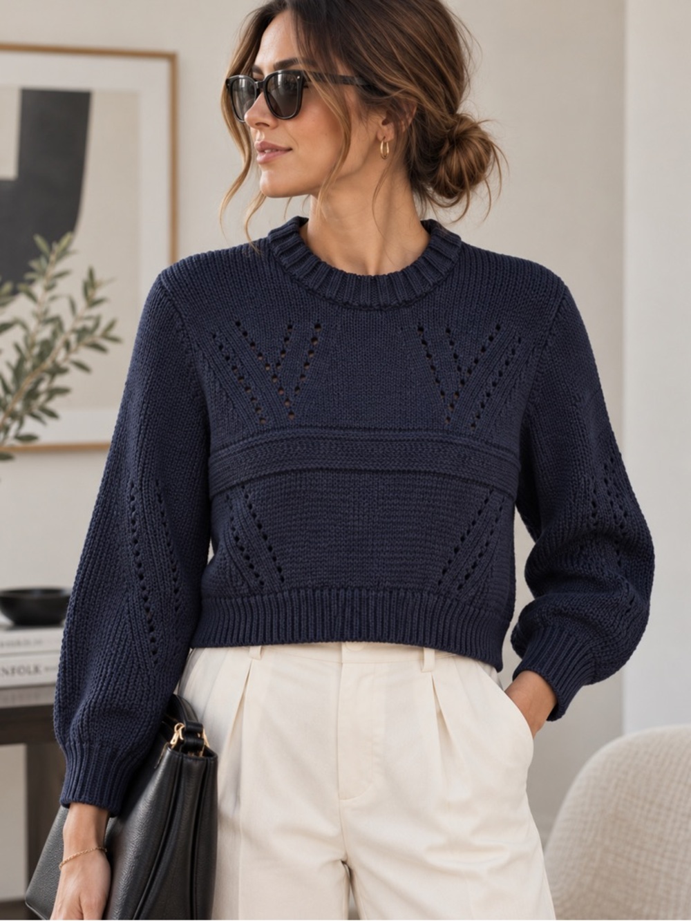 TIBI Navy Cropped Pointelle Cotton Structured Women’s Crew Sweater Sz XS